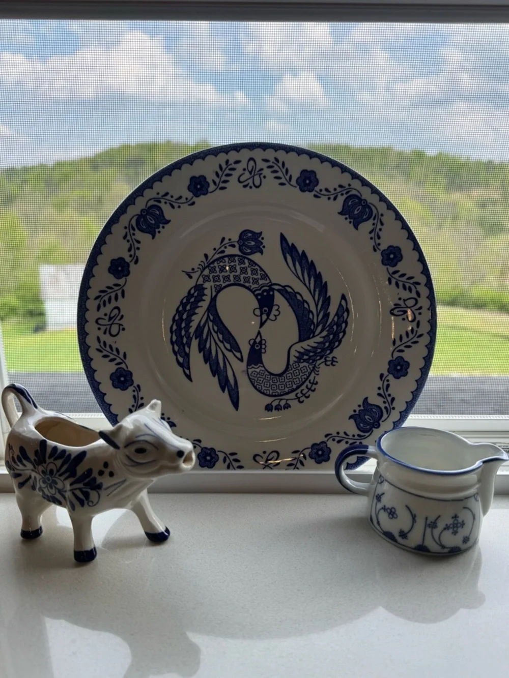 Blue and White Decorative Ceramic Plate and Creamer Set